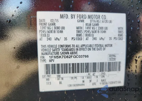 2015 Ford Explorer Xlt из США, поврежденный, VIN 1FM5K7D82FGC03766